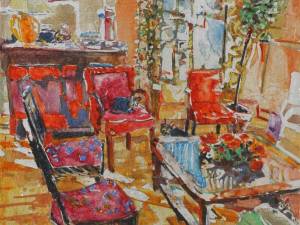 paris interior with red chairs 12x12