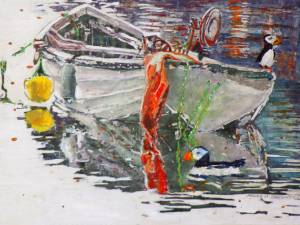 dory and reflection with puffins peggys cove ns 12x16