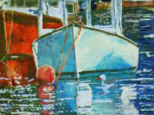 fishing boats n gull camden maine 12x9