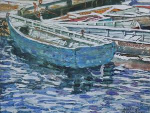 gull in shadows of blue dory 11x14