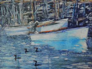 low tide n cormorants catching sunlight 13x15-wp