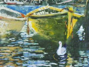 yellow dory with gull 12x12