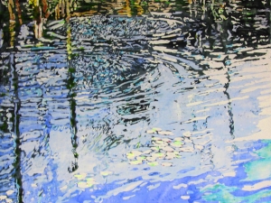 SOLD infinity rings with autumn reflection 5 dan lake 20"x24" acrylic watercolour painted directly on gessoed birch panel