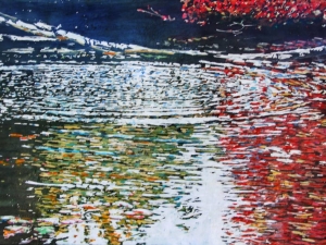 SOLD infinity rings with birch floating 20"x36" watercolour acrylic painted directly on gessoed panel