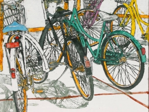 SOLD lido bikes 123 20" x 20" watercolour acrylic painted directly on absorbent ground on gessoed birch panel
