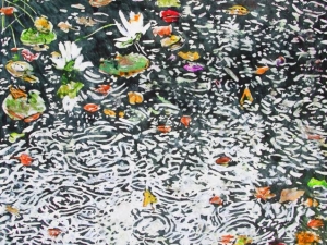 october rain with lilies 40x26 watercolour acrylic painted directly on gessoed birch panel available at studio 2700