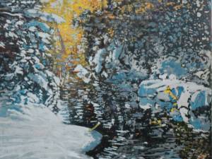 SOLD sunlight downstream 16x16 watercolour acrylic