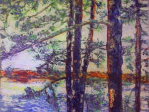 SOLD-autumn-12-mile-lake-thru-the-pines-12x12-