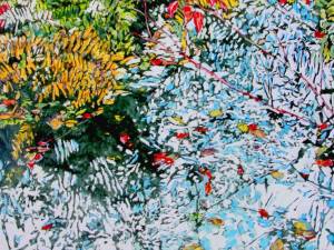 SOLD autumn on the pond 19 43" x 32" watercolour acrylic painted directly on gessoed panel