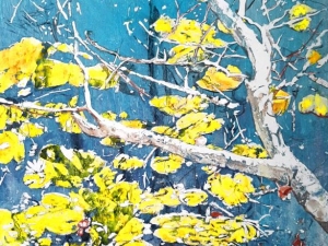 SOLD birch with sun lilies 1 36" x 22" watercolour / acrylic painted directly on gessoed birch panel