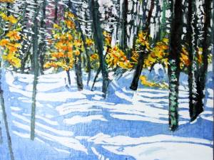 SOLD trail thru sunlight 2 12'' x 12'' watercolour / acrylic painted directly on gessoed panel