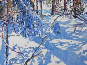 SOLD trail across a blue sky day 36" x 22" watercolour / acrylic painted directly on gessoed panel
