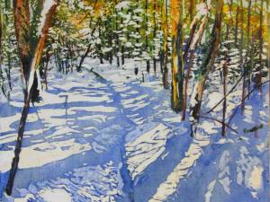 SOLD trail thru a new snowfall 16x16 watercolour acrylic