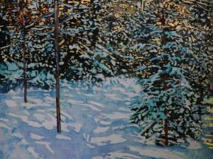 SOLD trail thru sunlight 12 16" x 16" watercolour / acrylic painted directly on gessoed panel