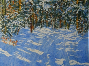 trail thru winter 76 30" x 30" watercolour / acrylic painted directly on gessoed panel available 2600