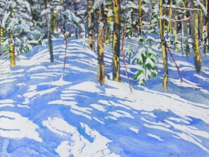 trail thru winter 99 14 5/8" x 17.5"- watercolour / acrylic painted directly on gessoed panel / available at studio / 550.