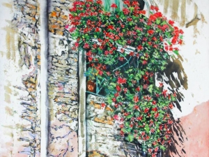 historicity showing thru balcony with geraniums 30x22-