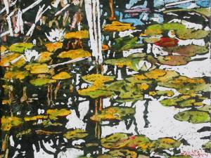 1_SOLD-3-water-lilies-in-a-beaver-pond-11.75x14.75-