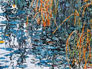 SOLD_waterlilies-and-wild-rice-24-sun-low-in-the-sky-24x24-