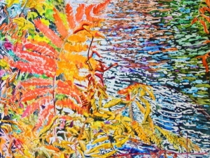 SOLD autumn on the pond 62 hi water ferns 36" x 26" watercolour acrylic painted directly on gessoed birch panel