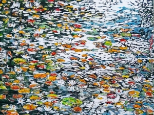 SOLD waterlilies #13 sherborne lake 48" x 32" watercolour acrylic painted directly on gessoed birch panel