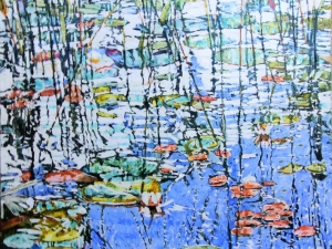 SOLD water lilies n wild rice #5 24" x 24" watercolour acrylic painted directly on gessoed birch panel
