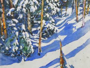 sunlight-streaming-down-a-hillside-of-snow-covered-pines-12x12