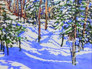 trail thru a clearing on a blue-sky-day-12x12-