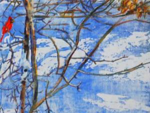 SOLD winter melt with cardinal 24x12 watercolour / acrylic