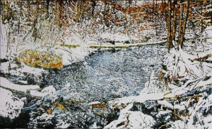 whitewater  stream awakening to the wilderness of a new morning  32x54 wp