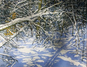 offcenter edges of sunlit snowfall balancing unpredictability of a self contained silence 24x32 wp