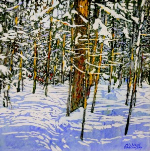 path thru new snow in the woods past unexplained silences 16 x16 wp