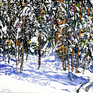 sunlit new snowfall deep in the woods 18x18 wp